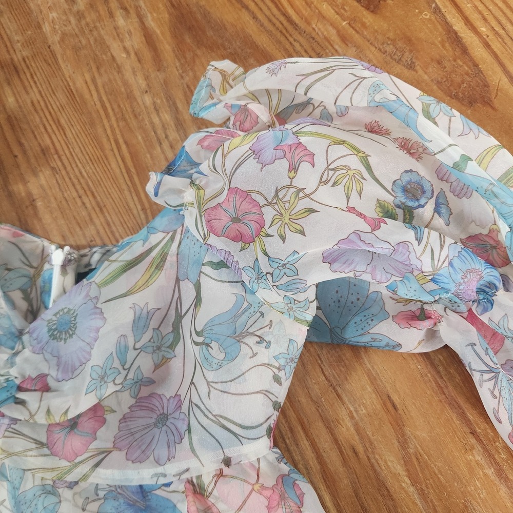 Forever 21 Floral Pastel Organza Puff Sleeve Babydoll Mini Dress Vtg Y2K Medium - Picture 13 of 16